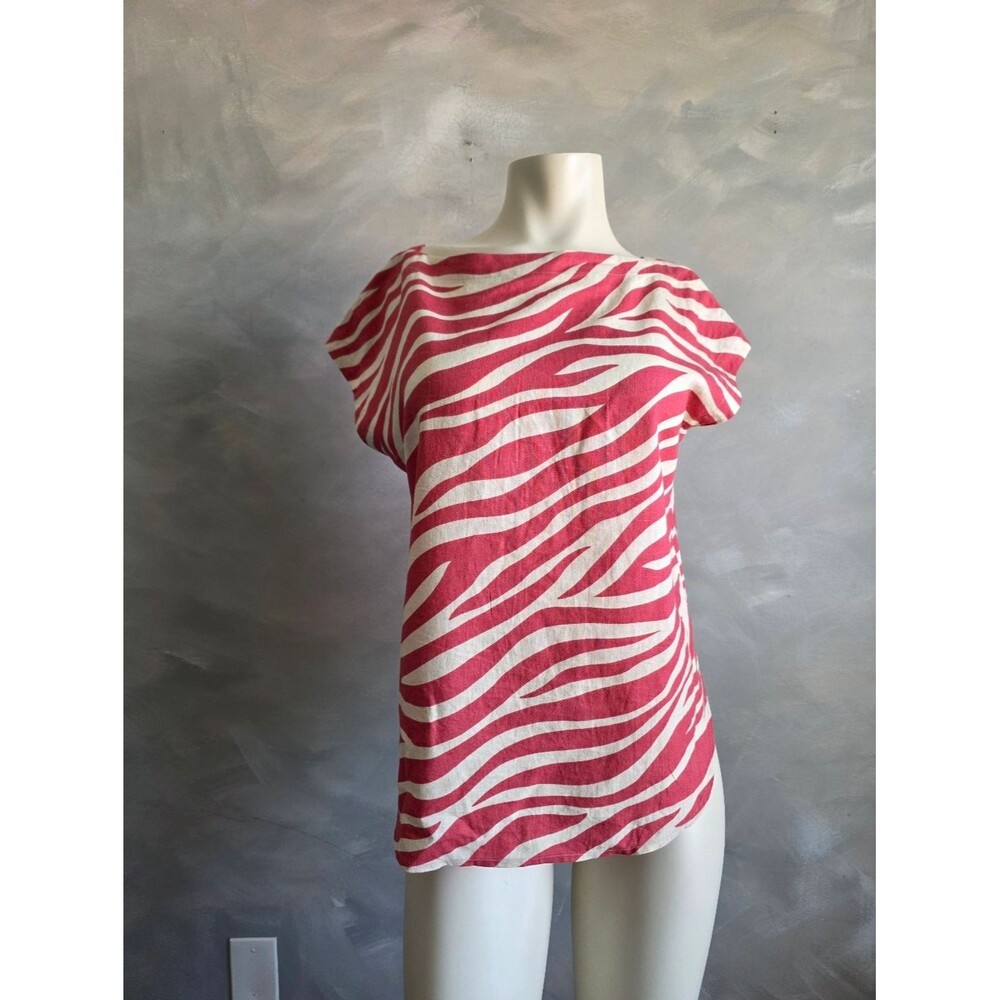 Ann Taylor Zebra Print Boatneck Blouse Linen Blend Red Cream Small